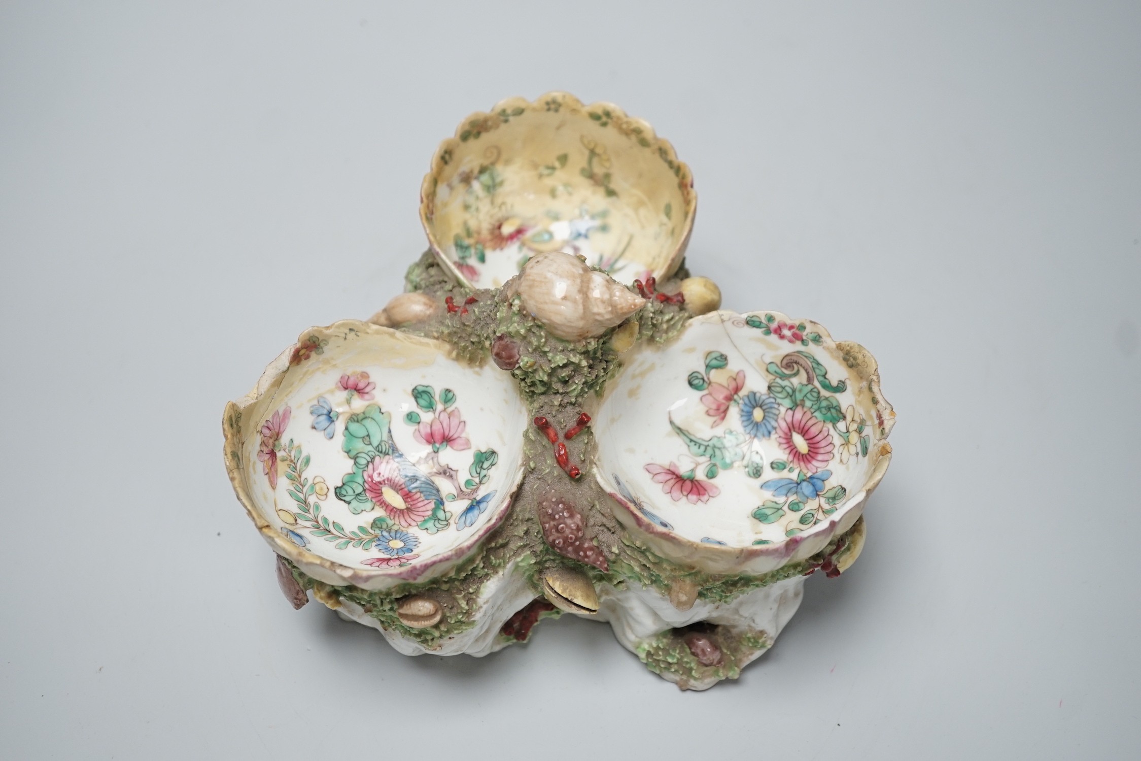 A Bow 'shell' sweetmeat centrepiece, c.1760, restored, 13cms high